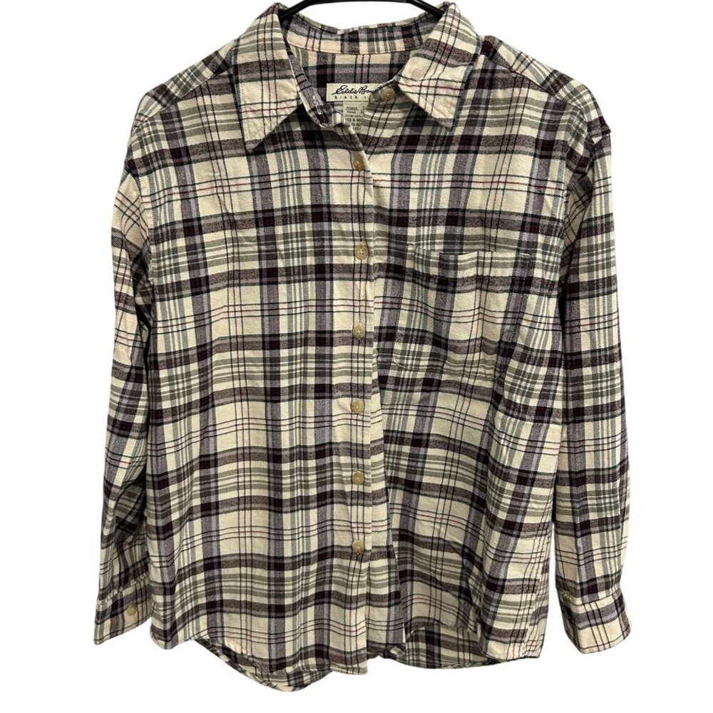 Eddie Bauer Womens Petite Plaid Flannel Button Up Shirt Long Sleeve Cotton Beige
